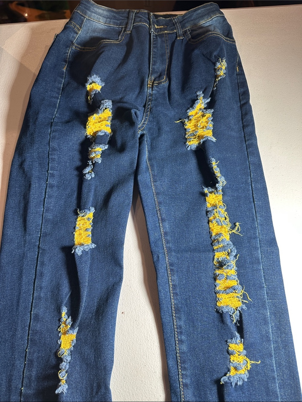 Women's Dark Blue Distressed Jeans with Yellow Thread Detail